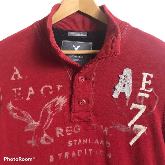 American Eagle Outfitters Other - American Eagle Pullover Mens Graphic Logo 1/4 Button Neck Red Sz Medium
